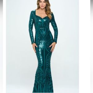 emerald green mermaid dress with sleeves Mermaid Satin Long Sleeve Arab Prom Dress Detachable Train – Rosymae main image 0